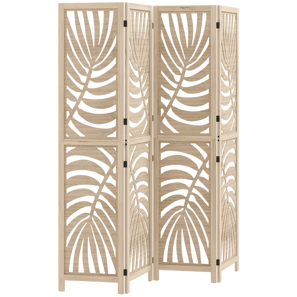 HOMCOM 4 Panel Privacy Screens, Detachable Folding Room Divider with Palm Leaf Design for Home Office, Natural Wood Finish