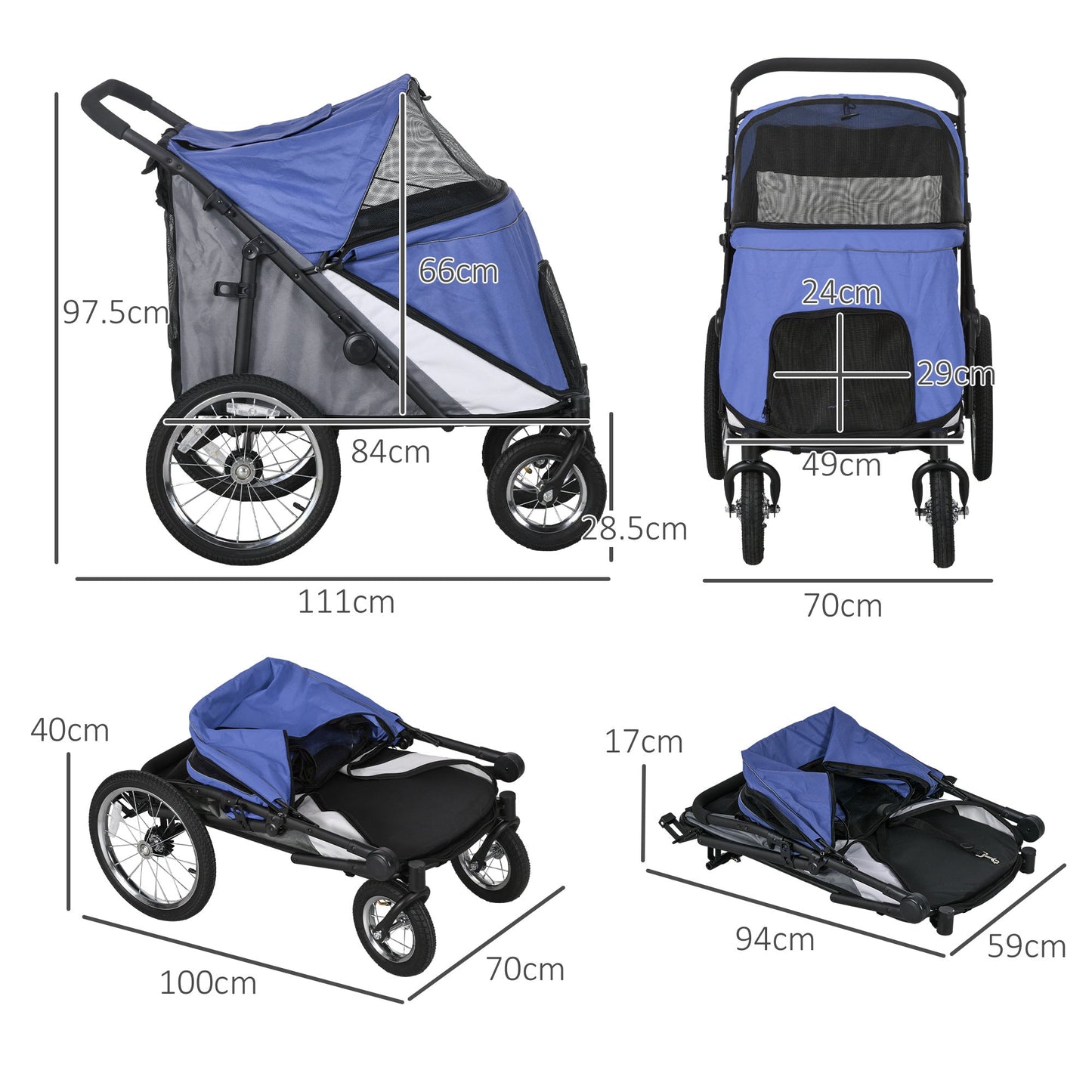 PawHut Foldable Pet Stroller, with Washable Cushion, Storage Bags, Safety Leash, for Medium, Large Dogs, Cats - Blue