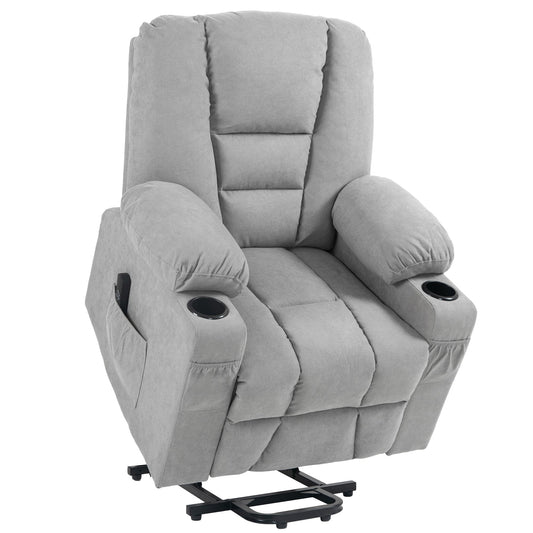 HOMCOM Oversized Riser and Recliner Chairs for the Elderly, Fabric Upholstered Lift Chair for Living Room with Remote Control, Side Pockets, Cup Holder, Light Grey