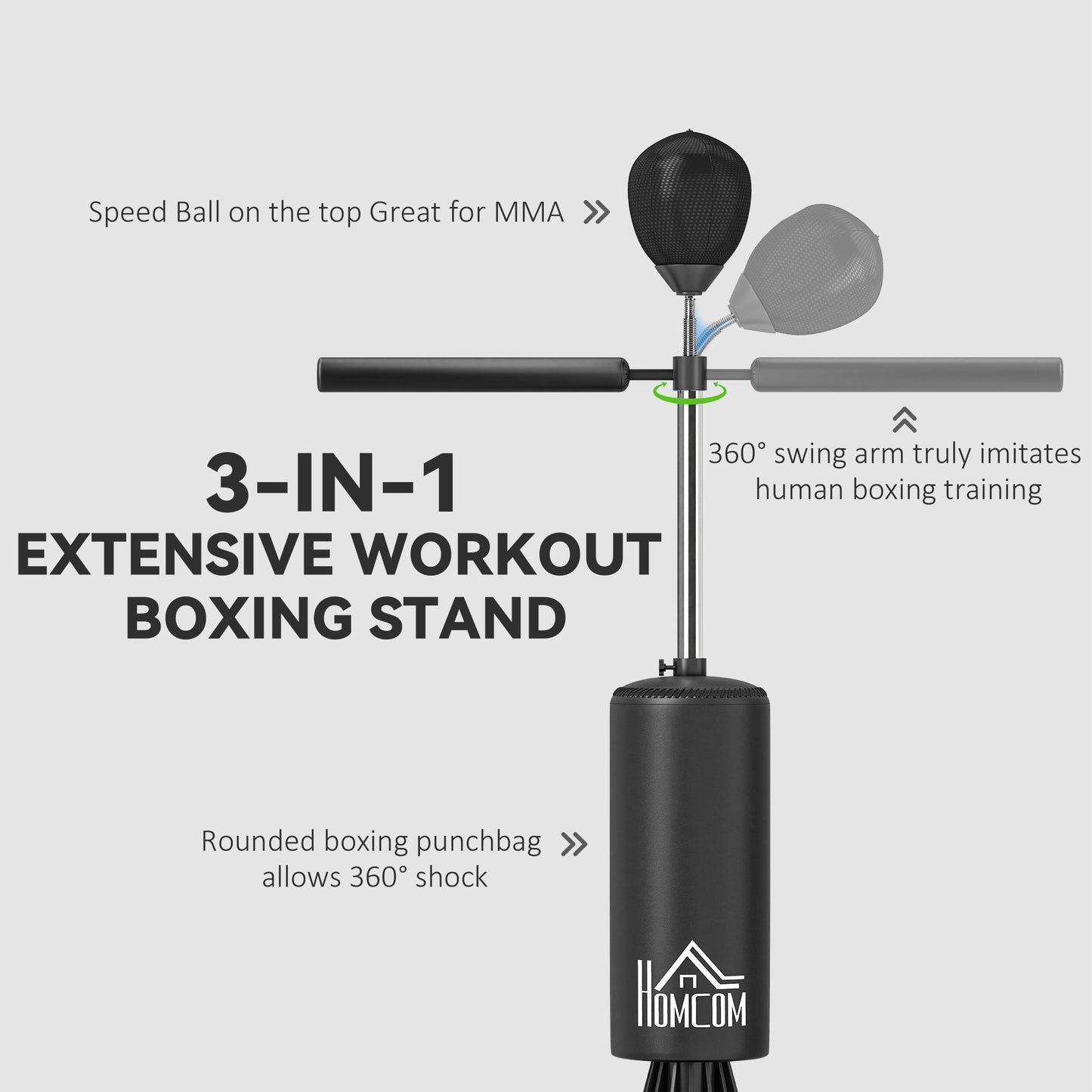 HOMCOM 155-205cm 3-IN-1 Freestanding Boxing Punching Bag Stand, Boxing Speed Trainer with Rotating Flexible Arm, Speed Ball, Fillable Base, Black