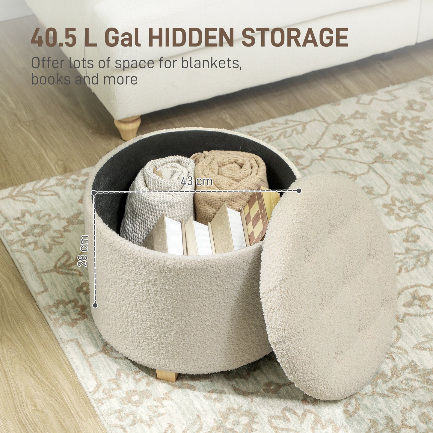 HOMCOM 40.5L Teddy Fleece Storage Ottoman - Cream White