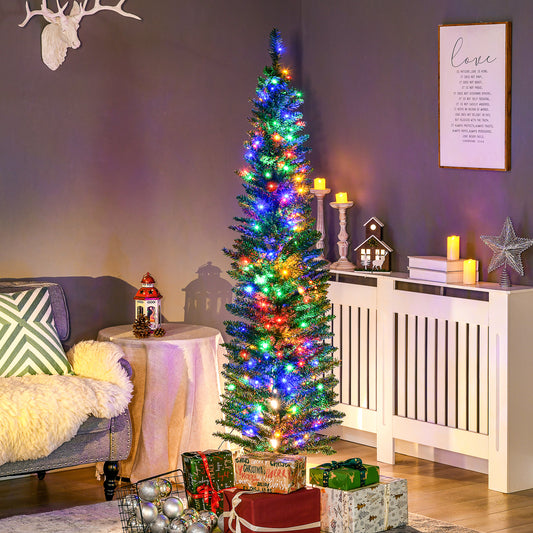 HOMCOM 6' Artificial Prelit Christmas Trees Holiday Décor with Colourful LED Lights, Pencil Shape, Steel Base
