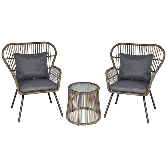 Outsunny 3 Pieces Rattan Bistro Set, Wicker Garden Furniture Set with Cushions, Glass Top Coffee Table and Chairs for Outdoor, Patio, Balcony, Grey