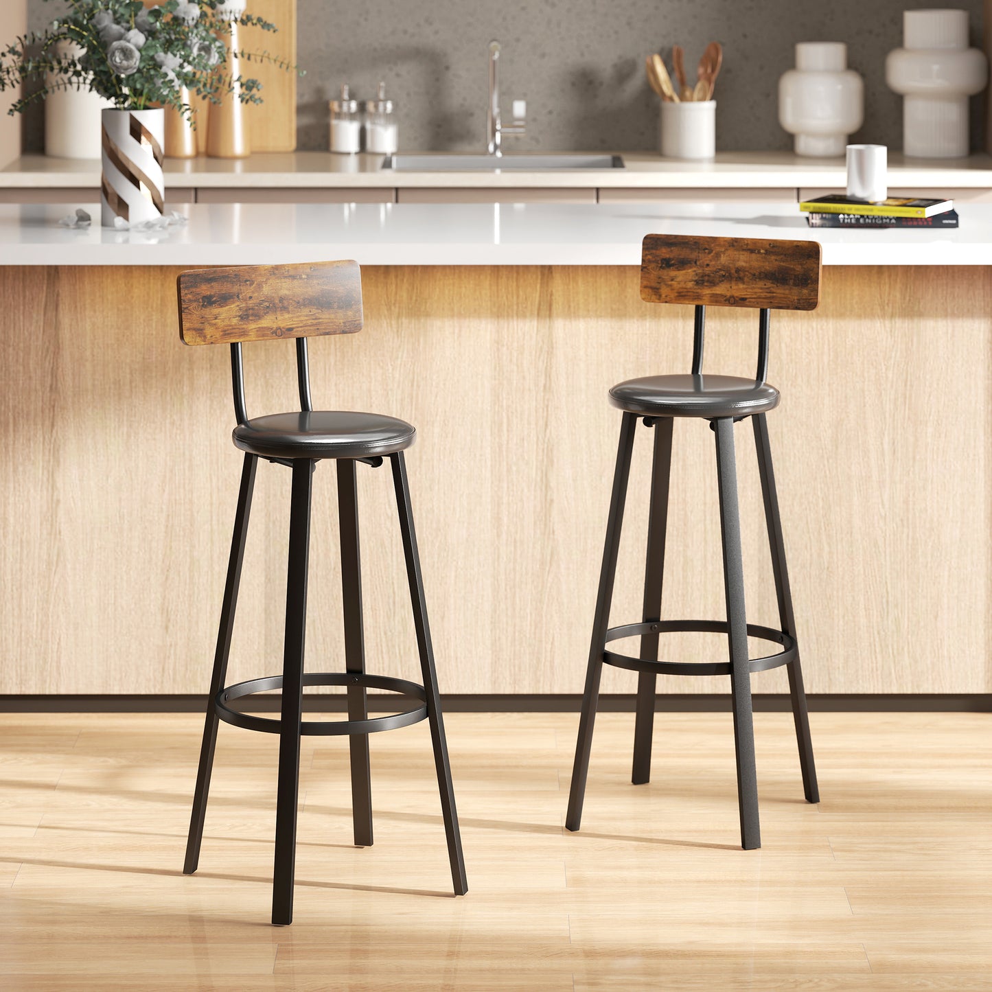 HOMCOM Set of Two Industrial-Style Bar Stools - Brown/Black