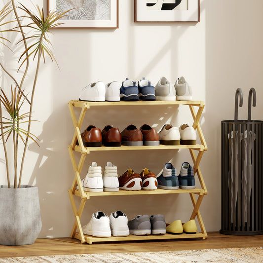 HOMCOM Four-Tier Folding Bamboo Shoe Rack - Natural Finish