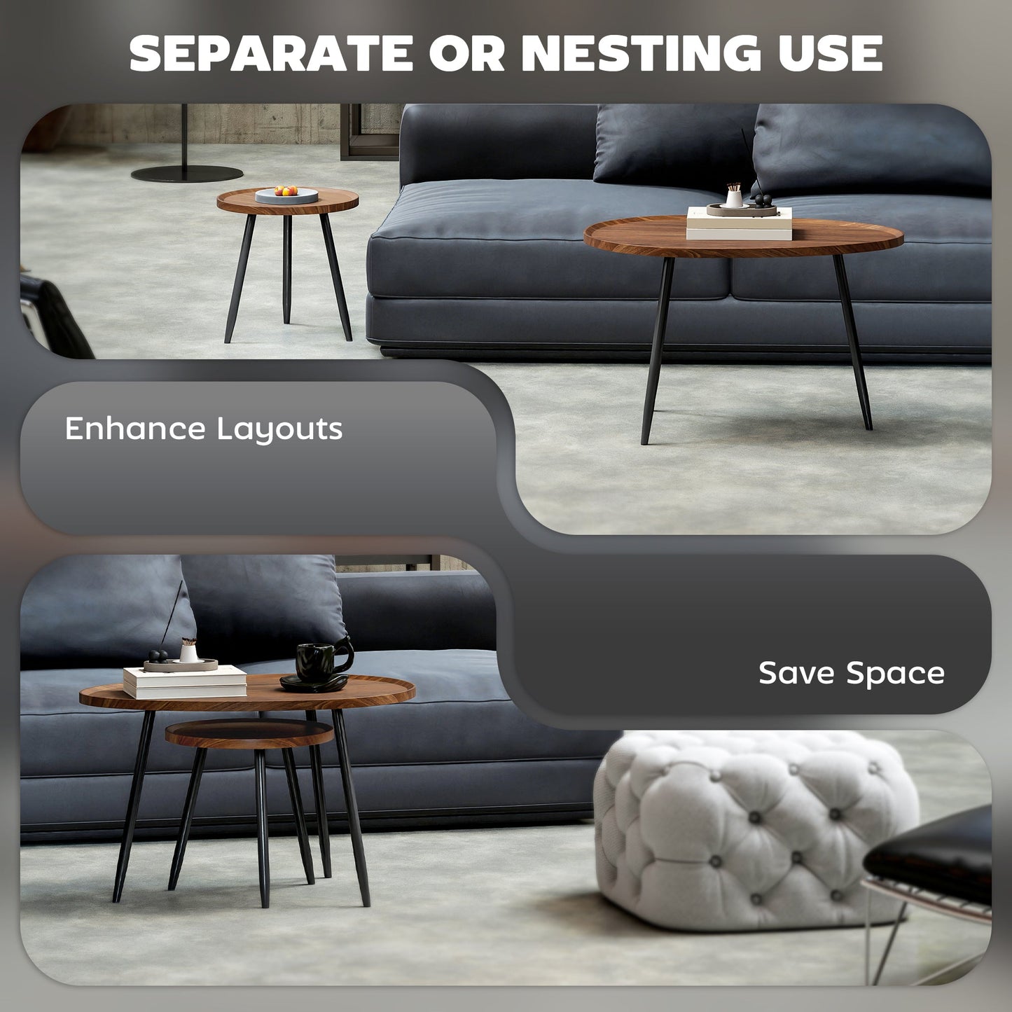 HOMCOM Nesting Coffee Table Set of 2, 80cm Modern Stacking End Side Table with Metal Legs for Living Room Bedroom Office, Chestnut Wood Effect