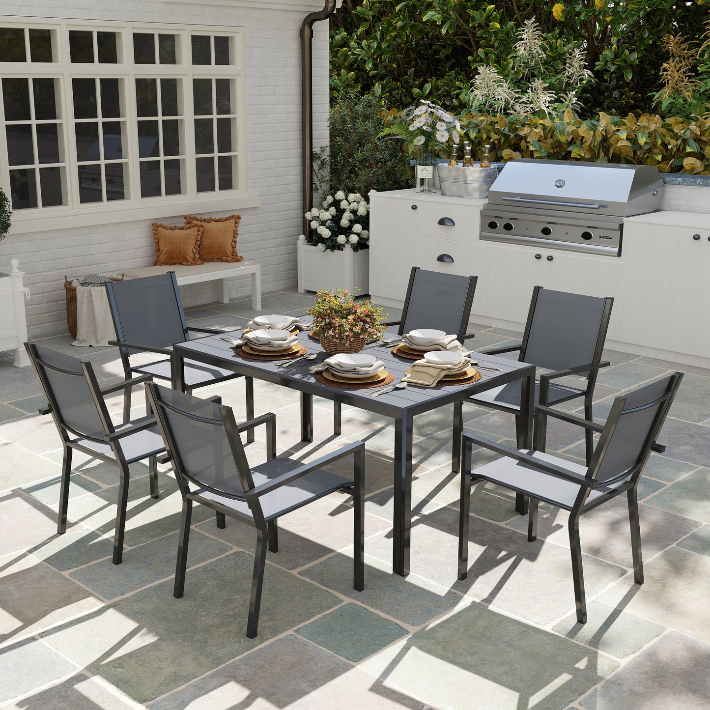 Outsunny 7 Piece Garden Dining Set, Outdoor Furniture Set with 6 Stackable Chairs and 150 cm Rectangle Table, WPC Slatted Top, Rust-Resistant Steel Frame, for Garden, Porch, Terrace