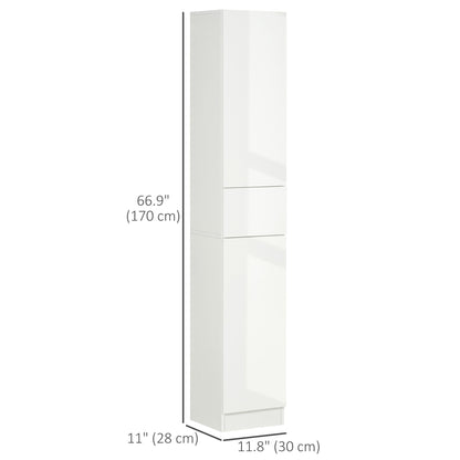 kleankin Tall Bathroom Cabinet with Adjustable Shelves, High Gloss Storage Cupboard, Freestanding Tallboy with Storage Drawer, White