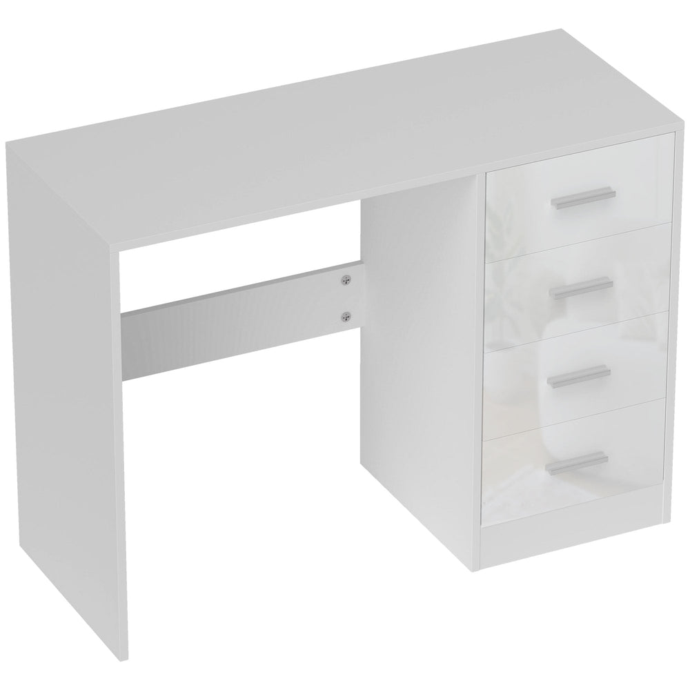 HOMCOM Computer Desk with Drawers, Dressing Table, High Gloss Home Office Writing Workstation, White