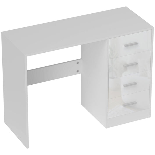 HOMCOM Computer Desk with Drawers, Dressing Table, High Gloss Home Office Writing Workstation, White