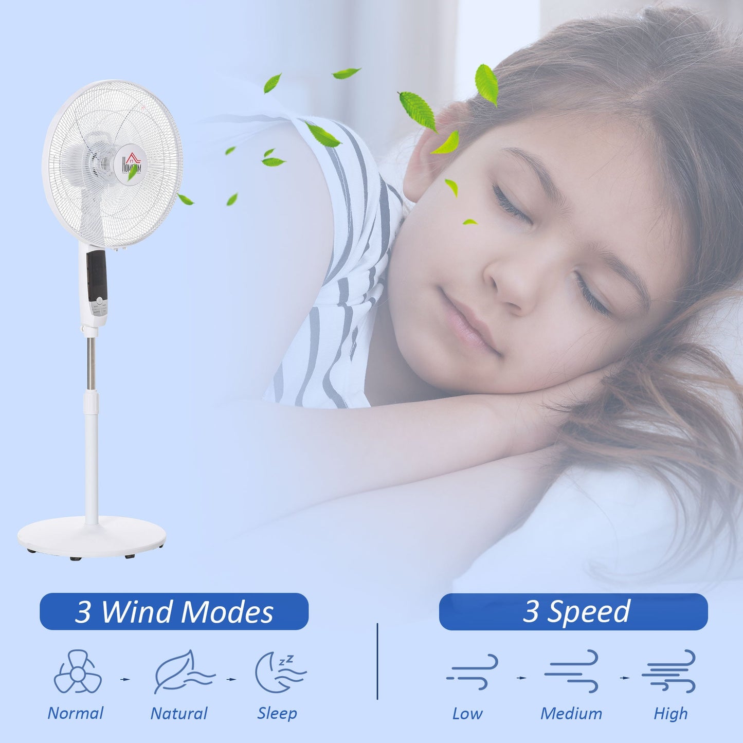 HOMCOM 16'' Pedestal Stand Fan, 3 Speed 3 Mode, 85 degrees Oscillation, LED Panel, 3M Remote Controller, Height Adjustable for Living Room, Bedroom, Garage, Office, Black and White