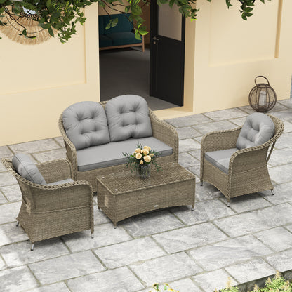 Outsunny Four-Piece Rattan Sofa Set, with Glass-Top Table - Light Grey