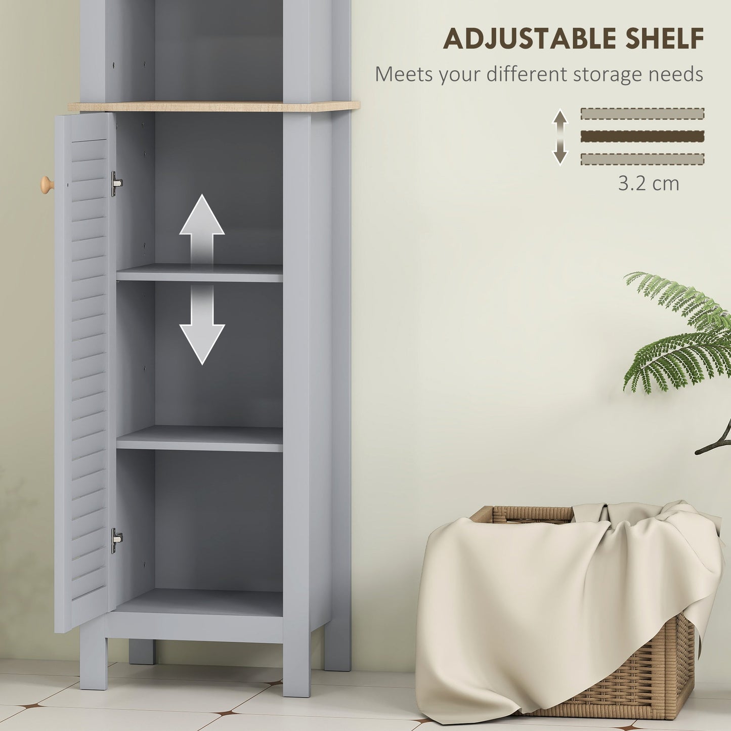 kleankin Bathroom Floor Storage Cabinet with 3 Tier Shelf and Cupboard with Door, Free Standing Linen Tower, Tall Slim Side Organizer Shelves, Grey