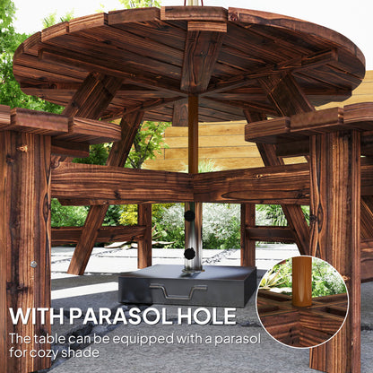 Outsunny Wooden Garden Dining Set, 8 Seater Patio Furniture Set with Round Picnic Table, Parasol Hole for Outdoor Garden, Tan