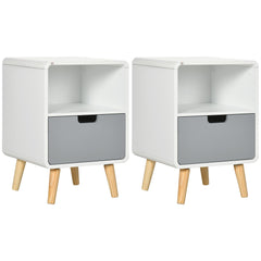 HOMCOM Wooden Bedside Table End Nightstand With Drawer Wood Lamp Desk Storage Unit Bedroom Scandinavian Nordic Style, Set of 2
