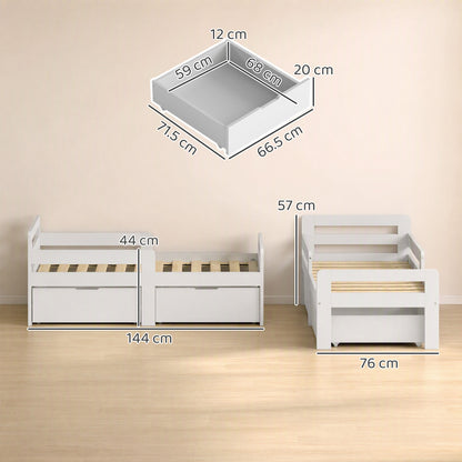 AIYAPLAY Wooden Kids Bed Frame with 2 Storage Drawers and Guard Rails for Ages 4-14, 144 x 76 x 57 cm (No Mattress), Grey