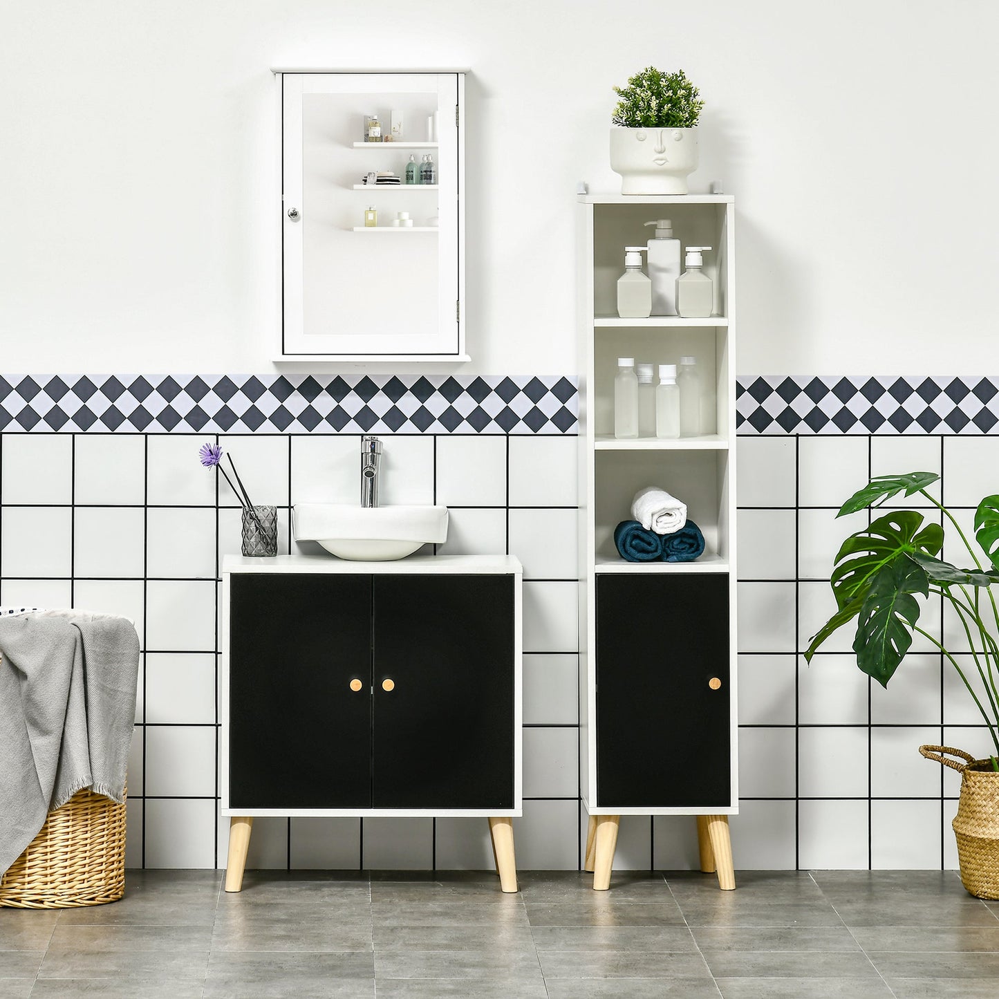 kleankin Modern Bathroom Sink Cabinet, Under Sink Storage Cabinet, with Adjustable Shelf and Solid Wood Legs, Black and White