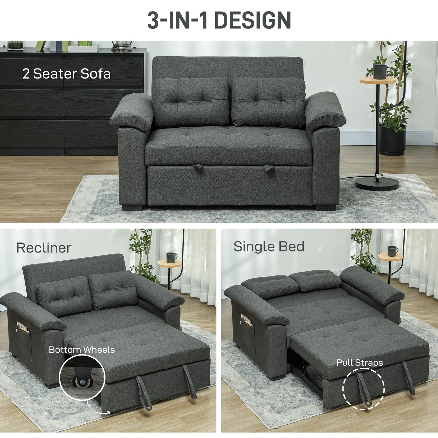 HOMCOM Pull Out Sofa Bed, Fabric 2 Seater Click Clack Sofa Bed Settee with 2 Pocket Springs, Convertible Sofa Couch with Pillows and Side Pockets for Living Room, Home Office, Charcoal Grey