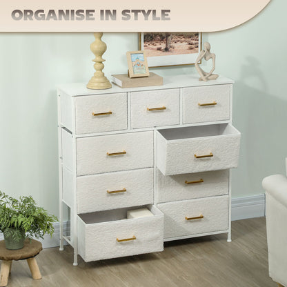 HOMCOM Chest of Drawers with 9 Fabric Drawers, Boucle Storage Organiser with Steel Frame, Fabric Dresser for Bedroom, Living Room, Hallway, Cream White