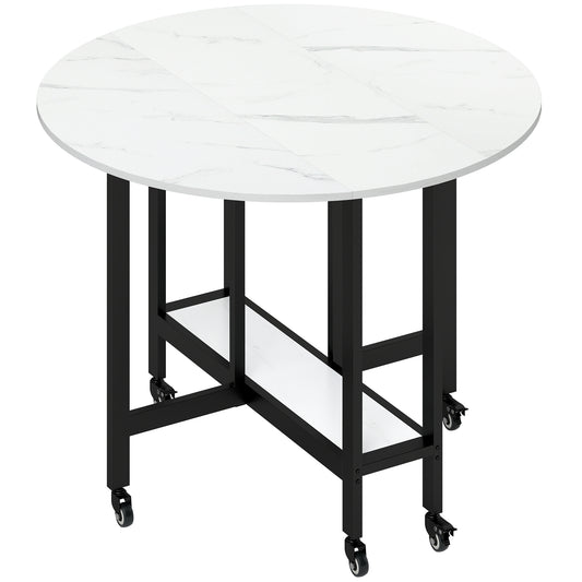 HOMCOM Folding Dining Table, Drop Leaf Table with Open Shelf, Rolling Kitchen Table for Dining Room, Small Spaces, White Marble