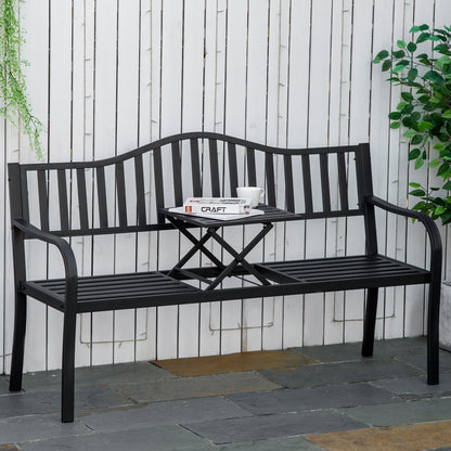 Outsunny Metal Outdoor Bench with Liftable Middle Table, Patio Loveseat, Garden Bench for Garden, Porch, Seats 2â3 People, Black