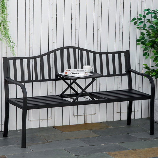 Outsunny Metal Outdoor Bench with Liftable Middle Table, Patio Loveseat, Garden Bench for Garden, Porch, Seats 2â3 People, Black