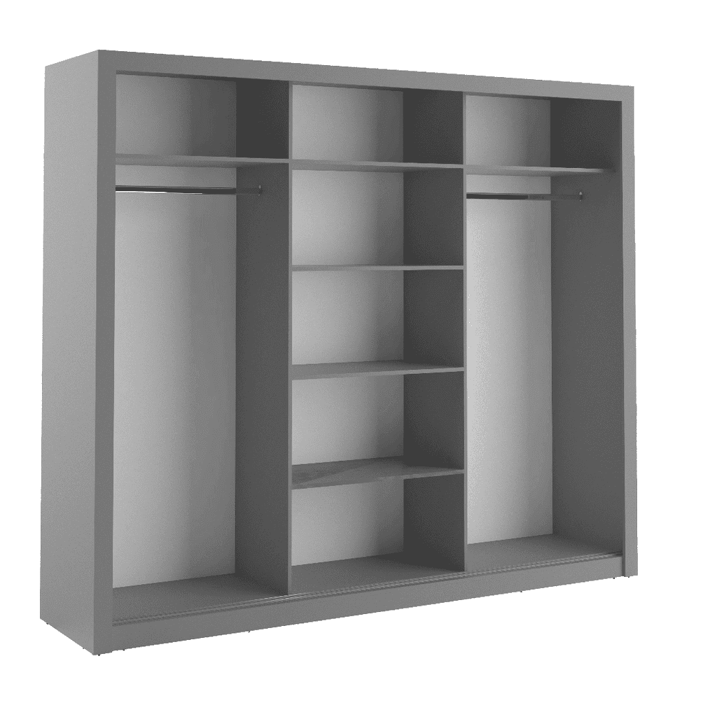 Gray wardrobe with open doors on a white background