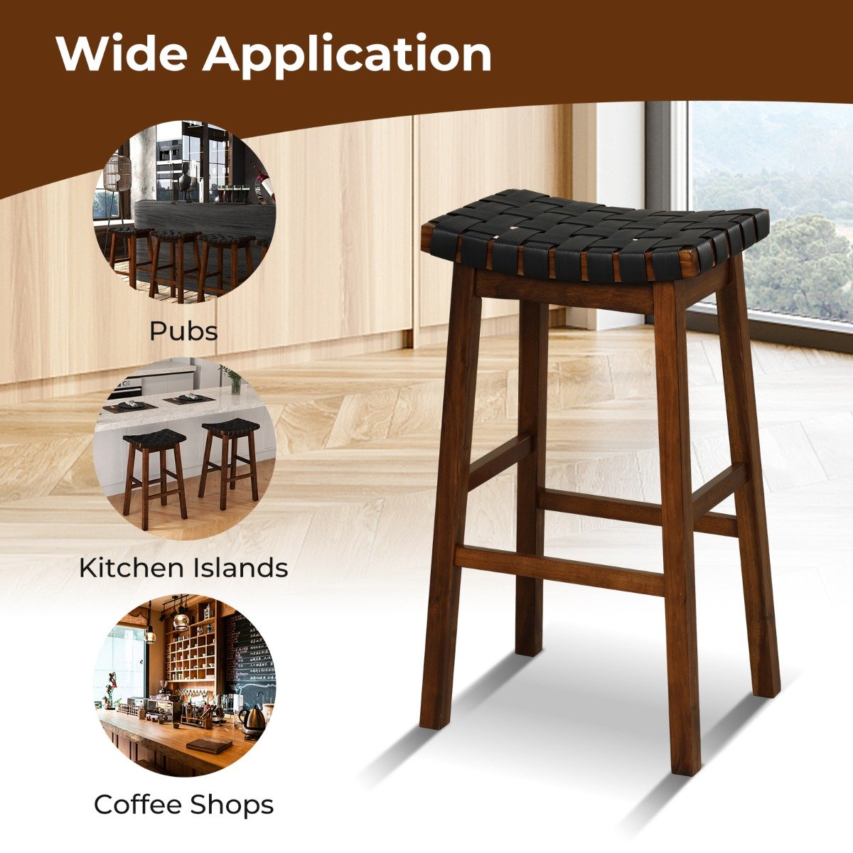 78cm Saddle Barstools with Woven Curved Seat for Kitchen-Black &amp; Brown