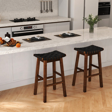 78cm Saddle Barstools with Woven Curved Seat for Kitchen-Black & Brown
