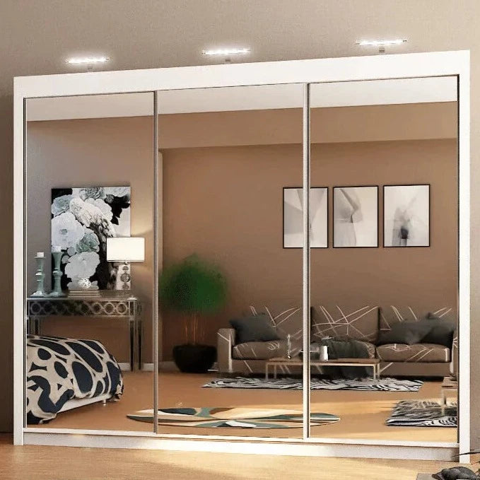 Full Mirrored Large White Sliding Wardrobe 250cmFull Mirrored Large White Sliding Wardrobe 250cm