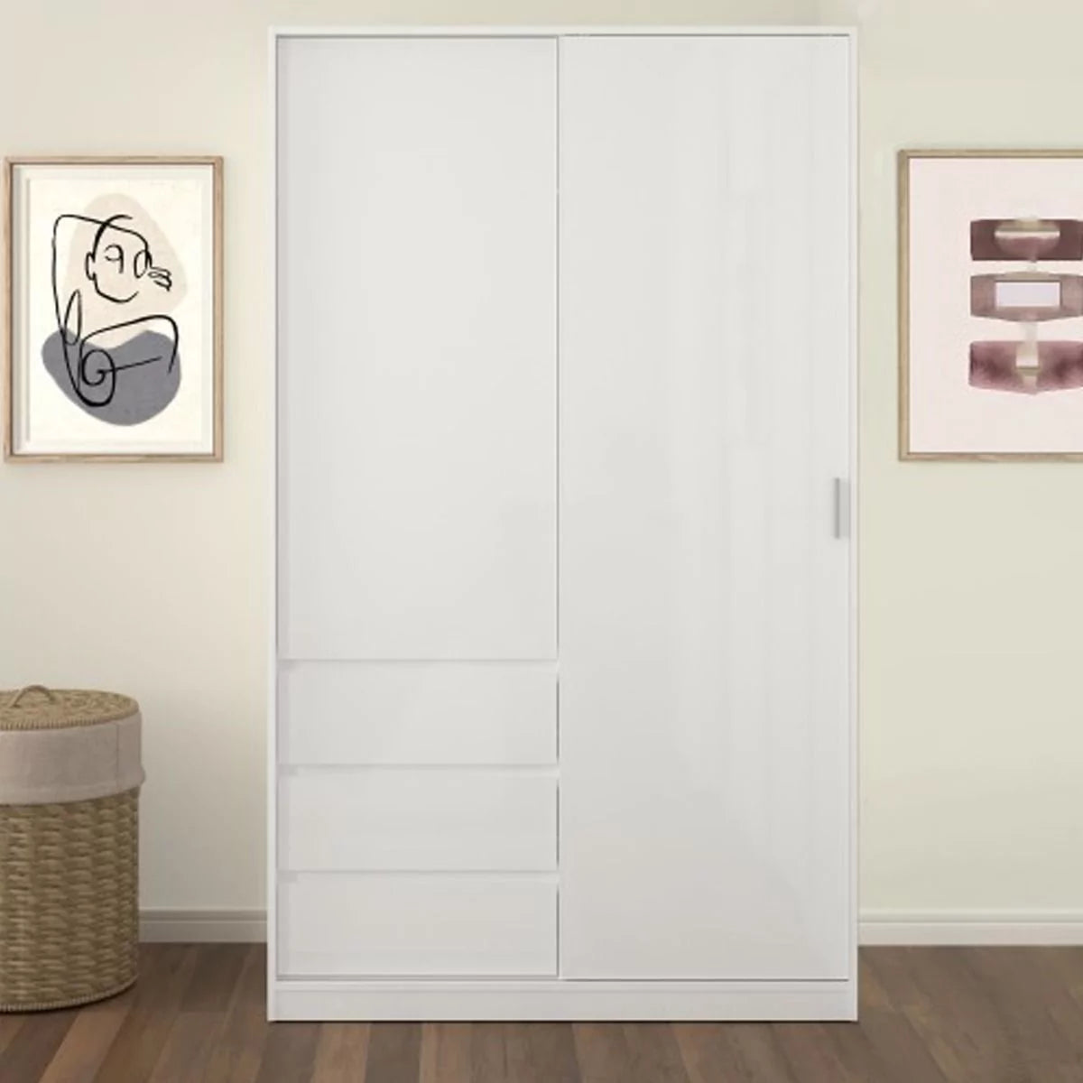 Classic Design High Gloss Sliding Door Wardrobe with 3 Drawers - White