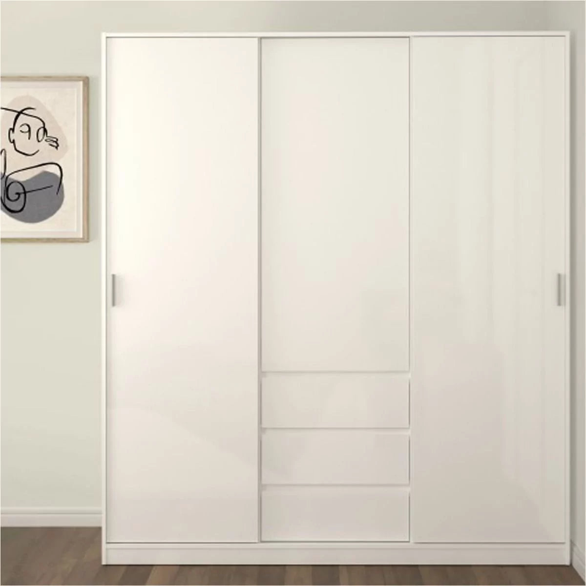 Classic Design High Gloss 2 Sliding Door Wardrobe with 3 Drawers - White