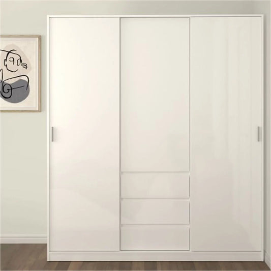 Classic Design High Gloss 2 Sliding Door Wardrobe with 3 Drawers - White