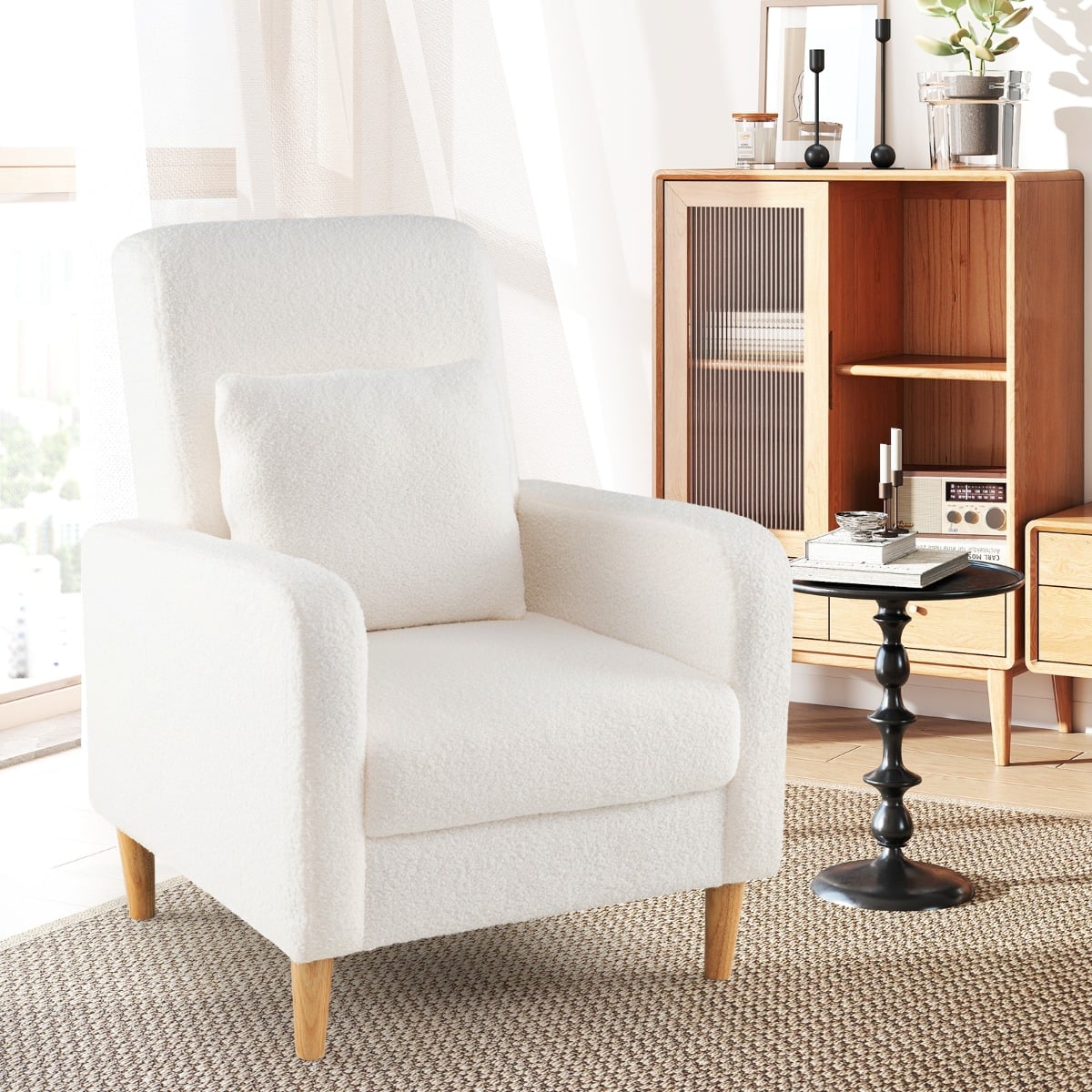 Modern Upholstered Sofa Chair with Lumbar Pillow for Living Room-White