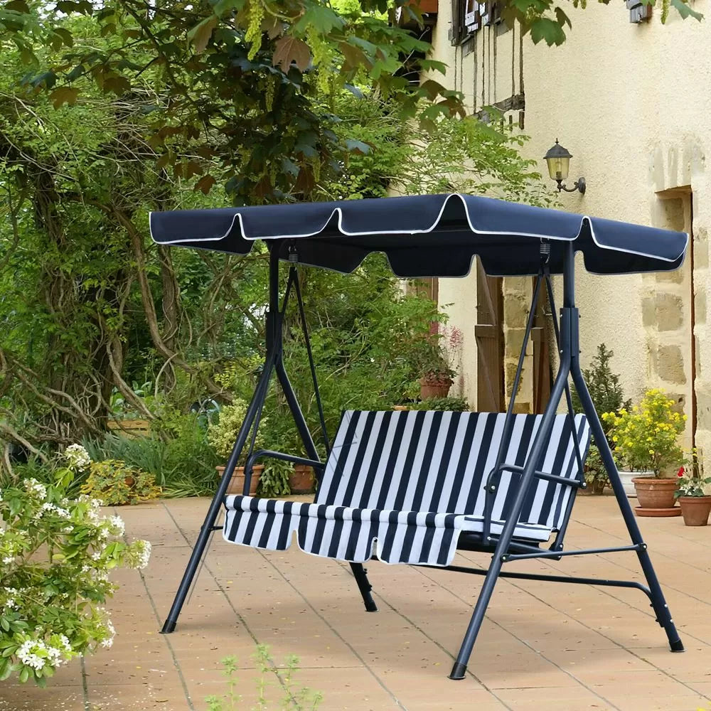 3 Seater Garden Swing With Adjustable Canopy - Blue Stripe