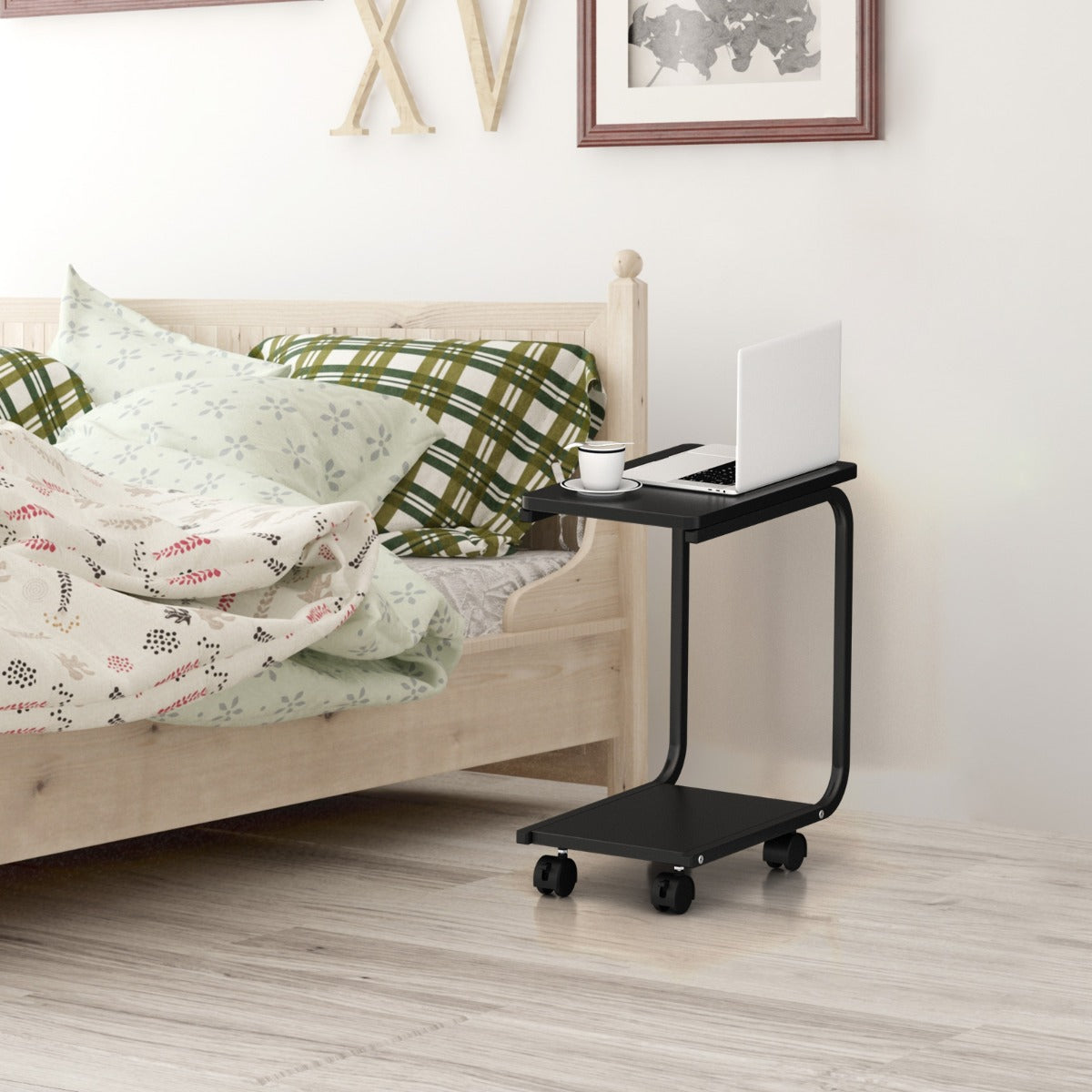 C-Shaped Laptop Side Table Bedside Table with 4 Wheels