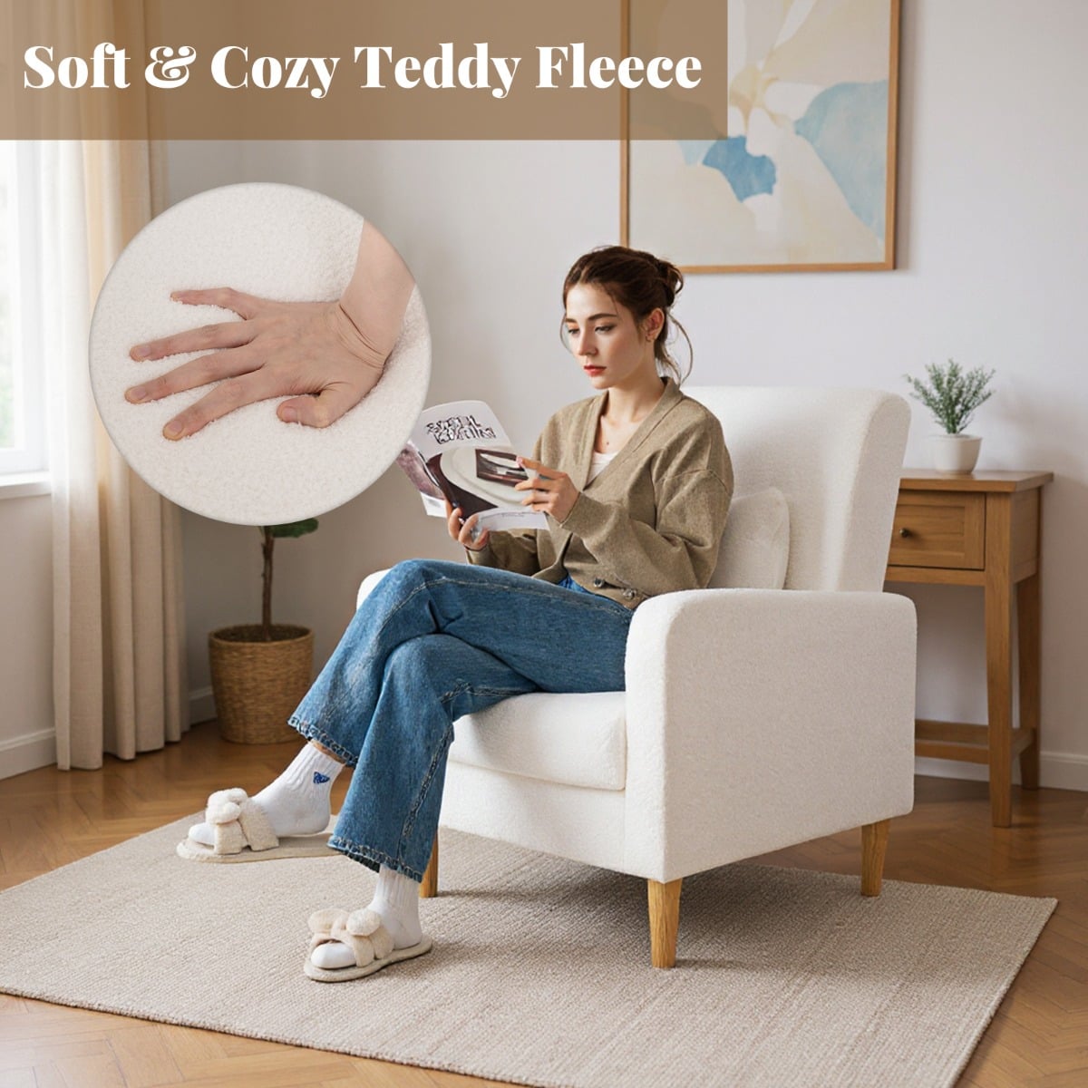 Modern Upholstered Sofa Chair with Lumbar Pillow for Living Room-White