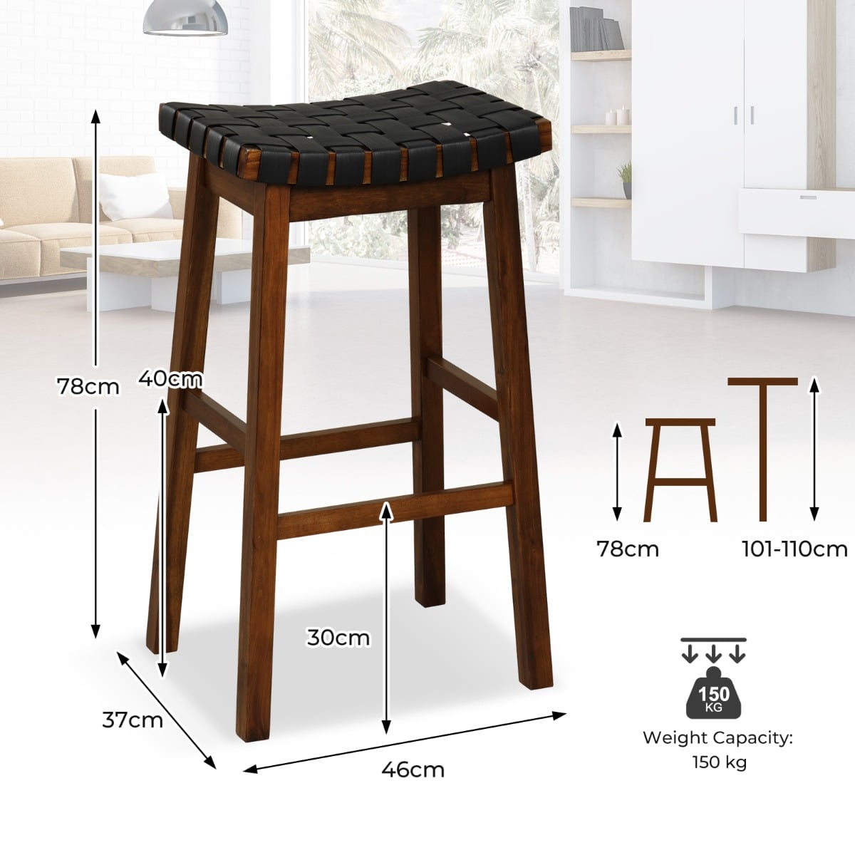 78cm Saddle Barstools with Woven Curved Seat for Kitchen-Black &amp; Brown