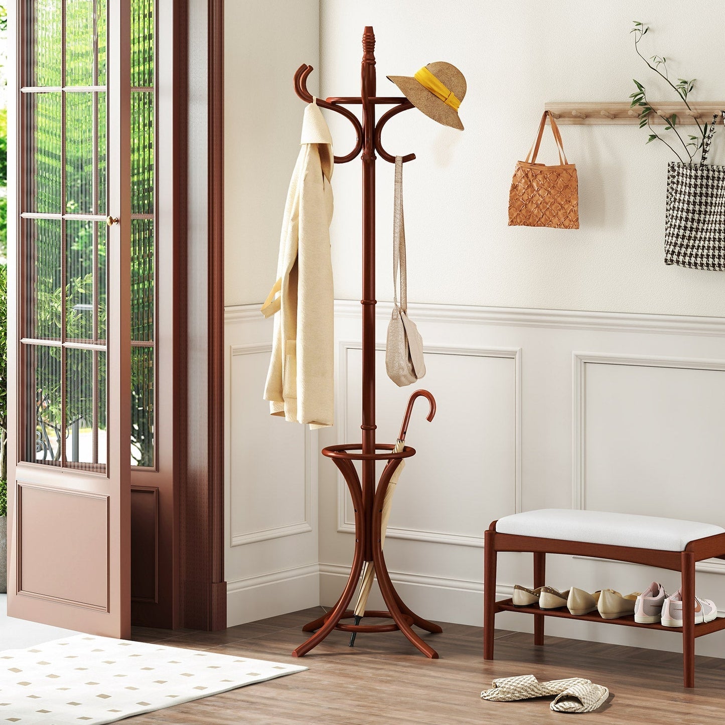 Free-standing Jacket Stand with Umbrella for Living Room-Brown