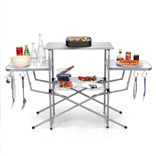 Folding Camping Table with Storage Lower Shelf & Hook & Carry Bag