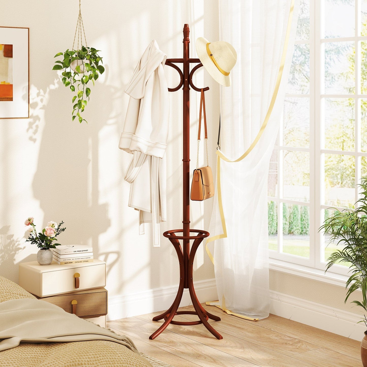 Free-standing Jacket Stand with Umbrella for Living Room-Brown