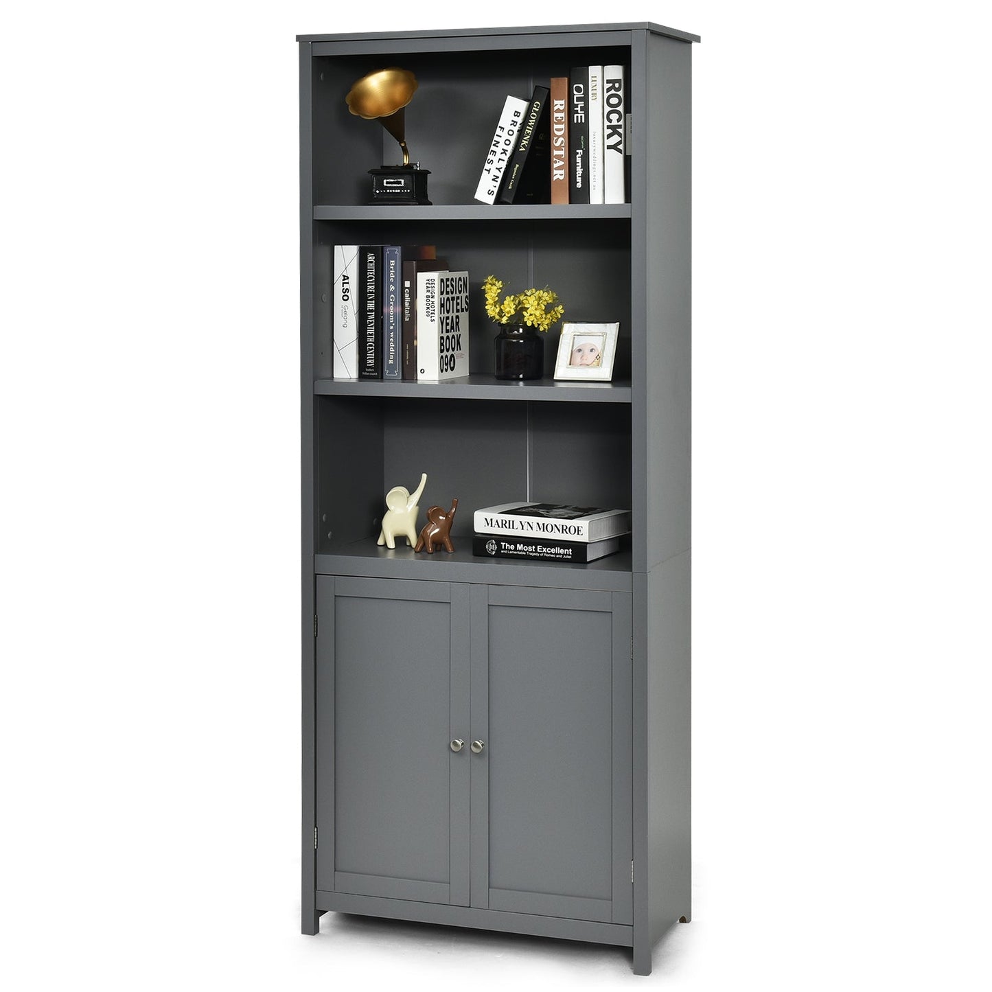 3-Shelf Bookcase with Double Doors & Adjustable Shelves & Cabinet-Grey