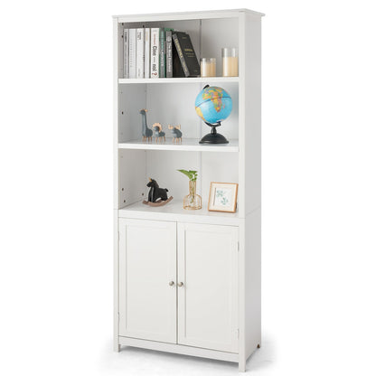 3-Shelf Bookcase with Double Doors & Adjustable Shelves & Cabinet-White