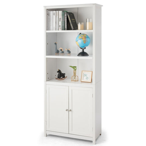 3-Shelf Bookcase with Double Doors & Adjustable Shelves & Cabinet-White