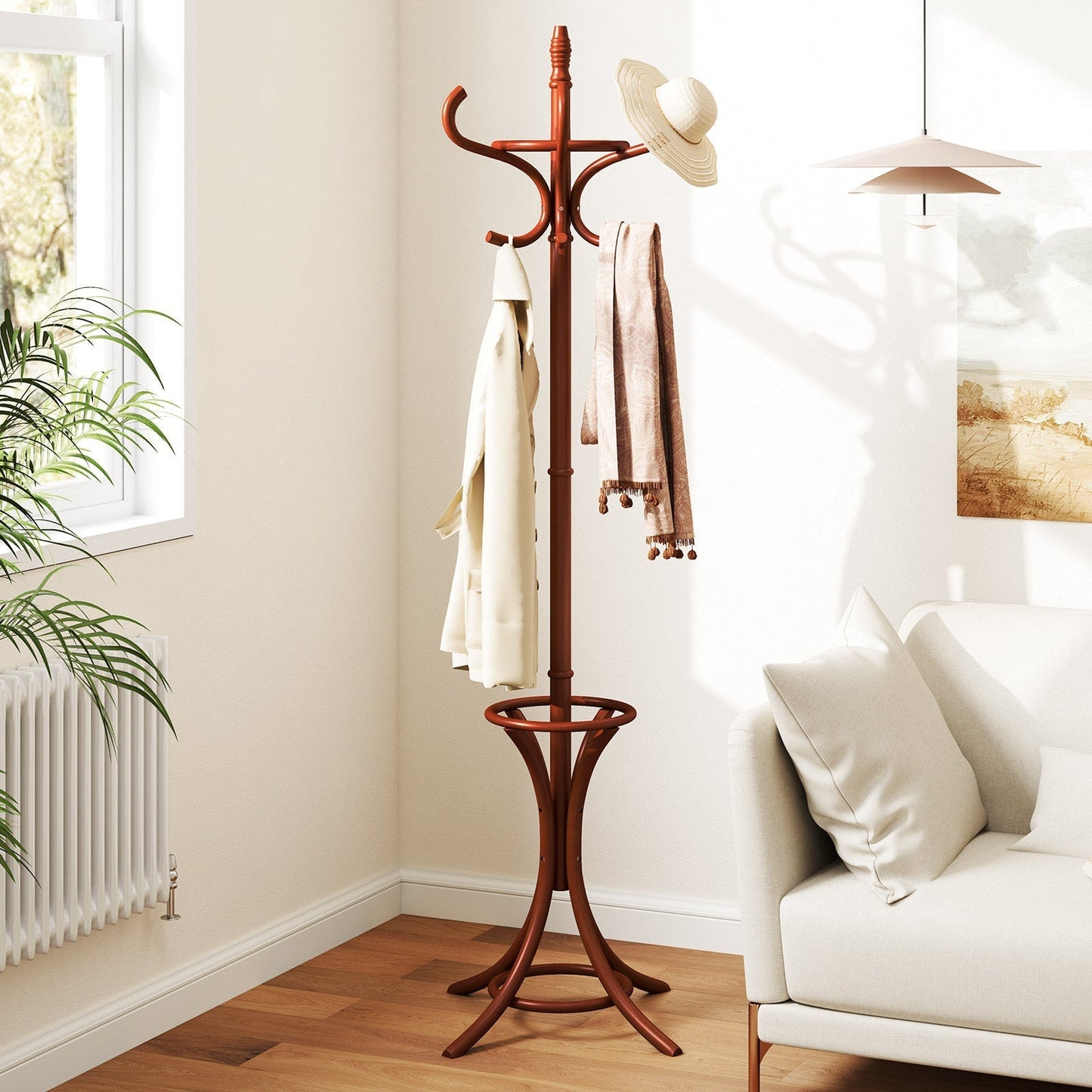 Free-standing Jacket Stand with Umbrella for Living Room-Brown