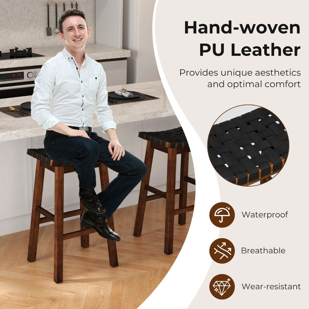 78cm Saddle Barstools with Woven Curved Seat for Kitchen-Black &amp; Brown