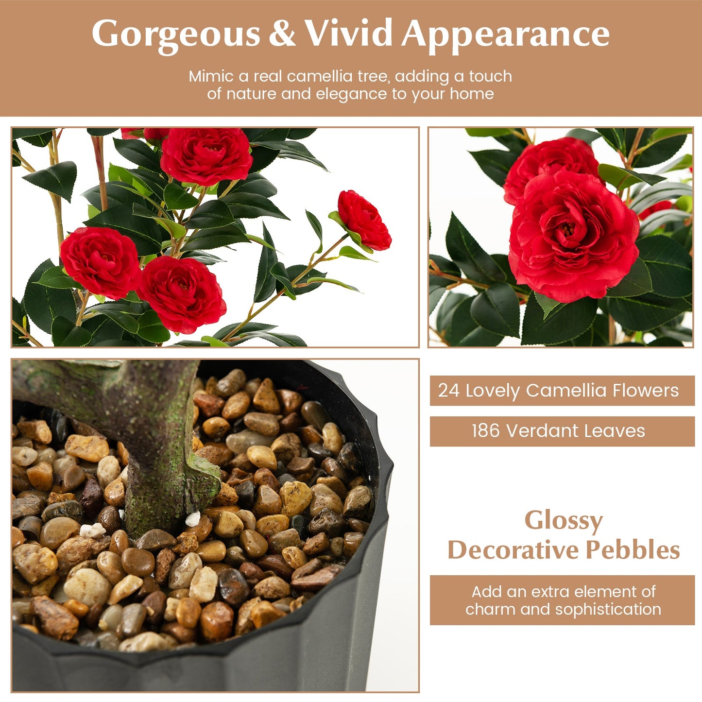 1/2 Pieces 95cm Artificial Camellia Tree with Flowers and Rain-Flower Pebbles-Red-1 Piece