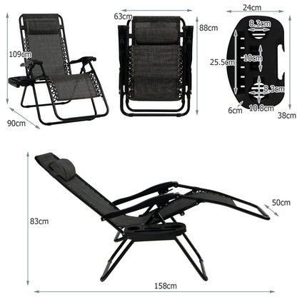 Folding Patio Recliners with Removable Headrest and Cup Holder-Grey