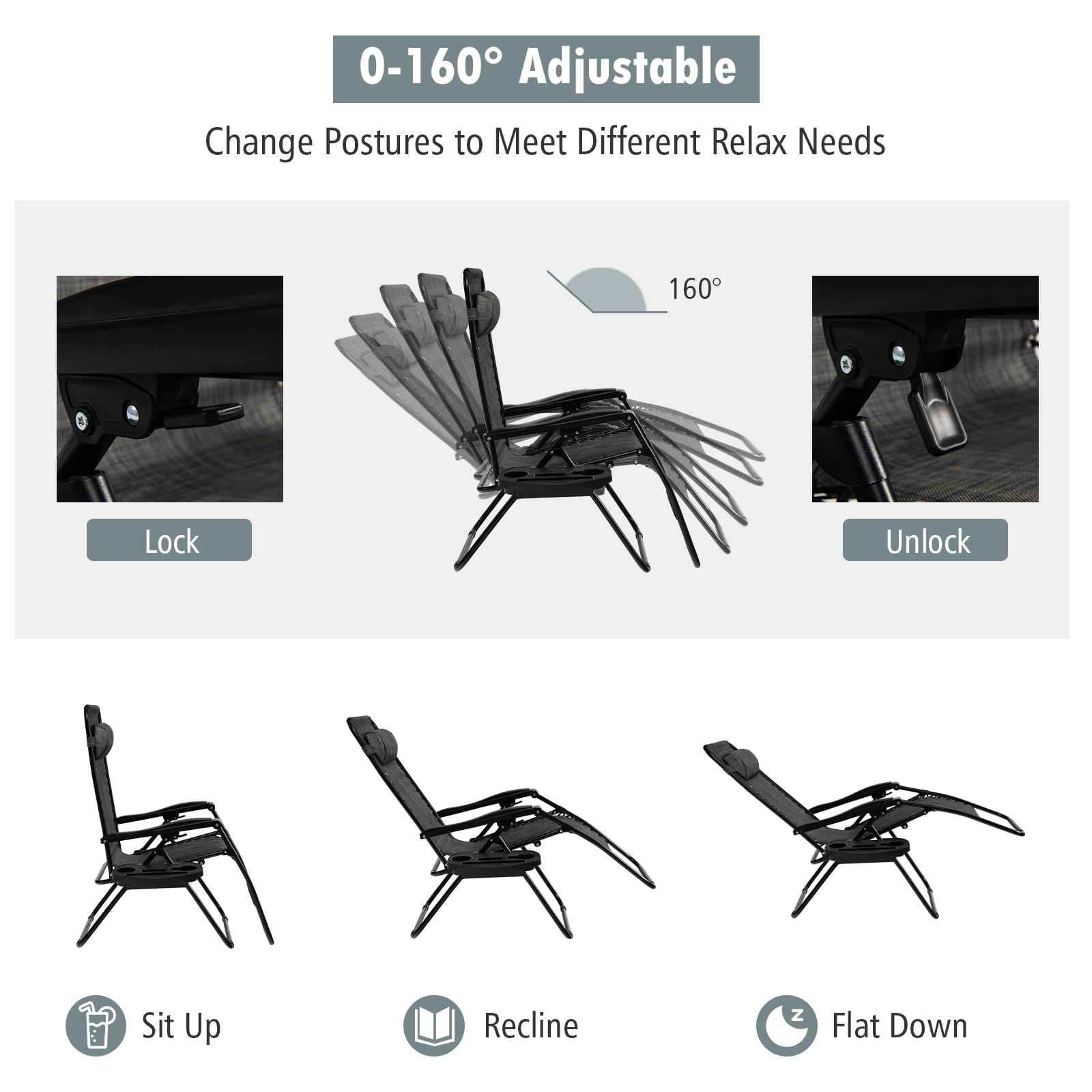 Folding Patio Recliners with Removable Headrest and Cup Holder-Grey
