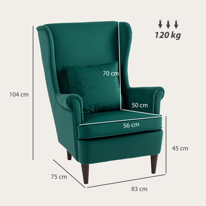 HOMCOM Modern Accent Chair, Upholstered Wingback Armchair with High Backrest and Pillow, Velvet-Feel Fabric Reading Chair with Solid Wood Legs for Living Room, Bedroom, Home Office, Dark Green